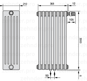 Схема (чертеж) Радиатор Zehnder Charleston 6300/8 №V008 Белый глянцевый RAL 9016
